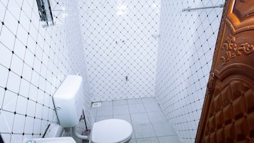 Shower, towels, soap, toilet paper