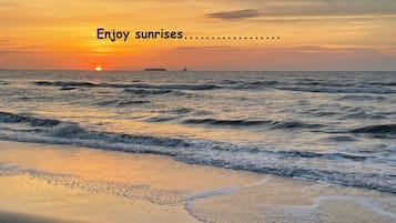 Plage à proximité, chaises longues, serviettes de plage