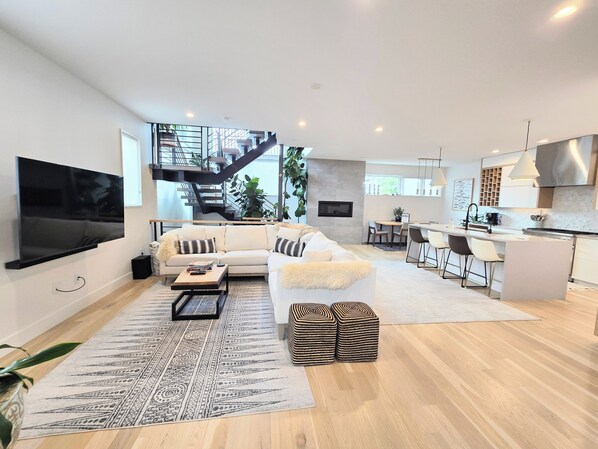 Smart TV, fireplace, books, music library
