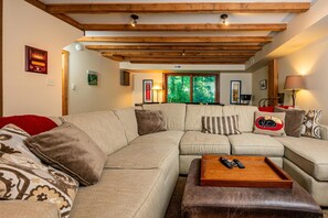 Televisión, chimenea, libros y estéreo 