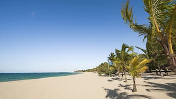 On the beach, beach umbrellas, beach towels, beach bar