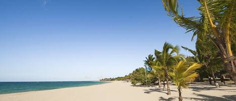 En la playa, sombrillas, toallas de playa y bar en la playa
