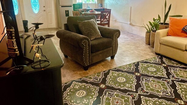 Una sala de estar con un sofá, un tapete estampado, un televisor y una zona de cocina al fondo.