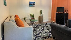 Una sala de estar con un sofá, sillones, una mesita de centro, un tapete estampado, un ventilador de techo, un televisor sobre un mueble de madera y varias plantas en macetas.
