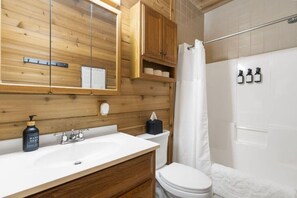 Hair dryer, towels, soap, shampoo
