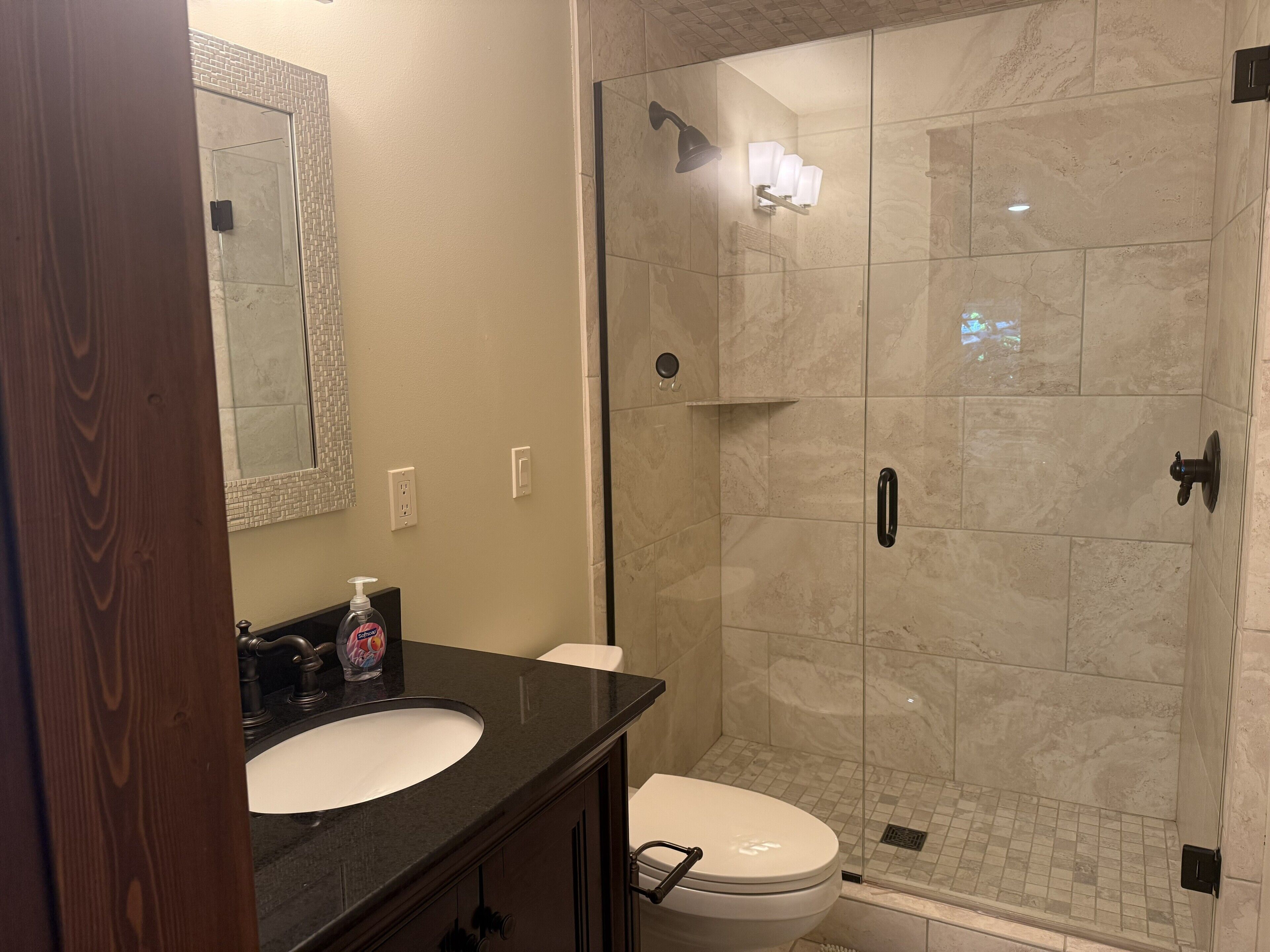 Shower, towels, soap, shampoo