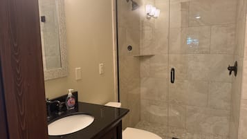 Shower, towels, soap, shampoo