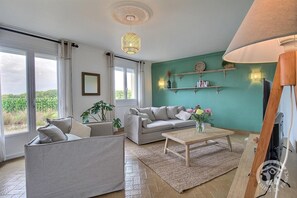 Televisión, chimenea, mesa de ping pong, libros