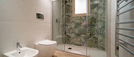 Regadera, secadora de cabello, bidet, toallas