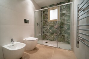 Regadera, secadora de cabello, bidet, toallas