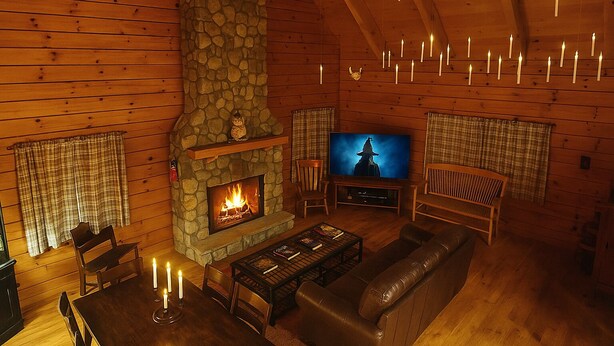 Interior acogedor de una cabaña con chimenea de piedra, paredes de madera, un televisor y un sofá de cuero.