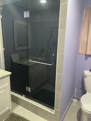 A bathroom with a glass-enclosed shower, a toilet, and a sink.