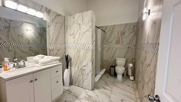 Shower, hair dryer, towels