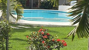 En pool omgiven av frodig grönska och palmer, med en byggnad i bakgrunden.