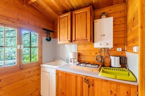 Fridge, microwave, stovetop, coffee/tea maker