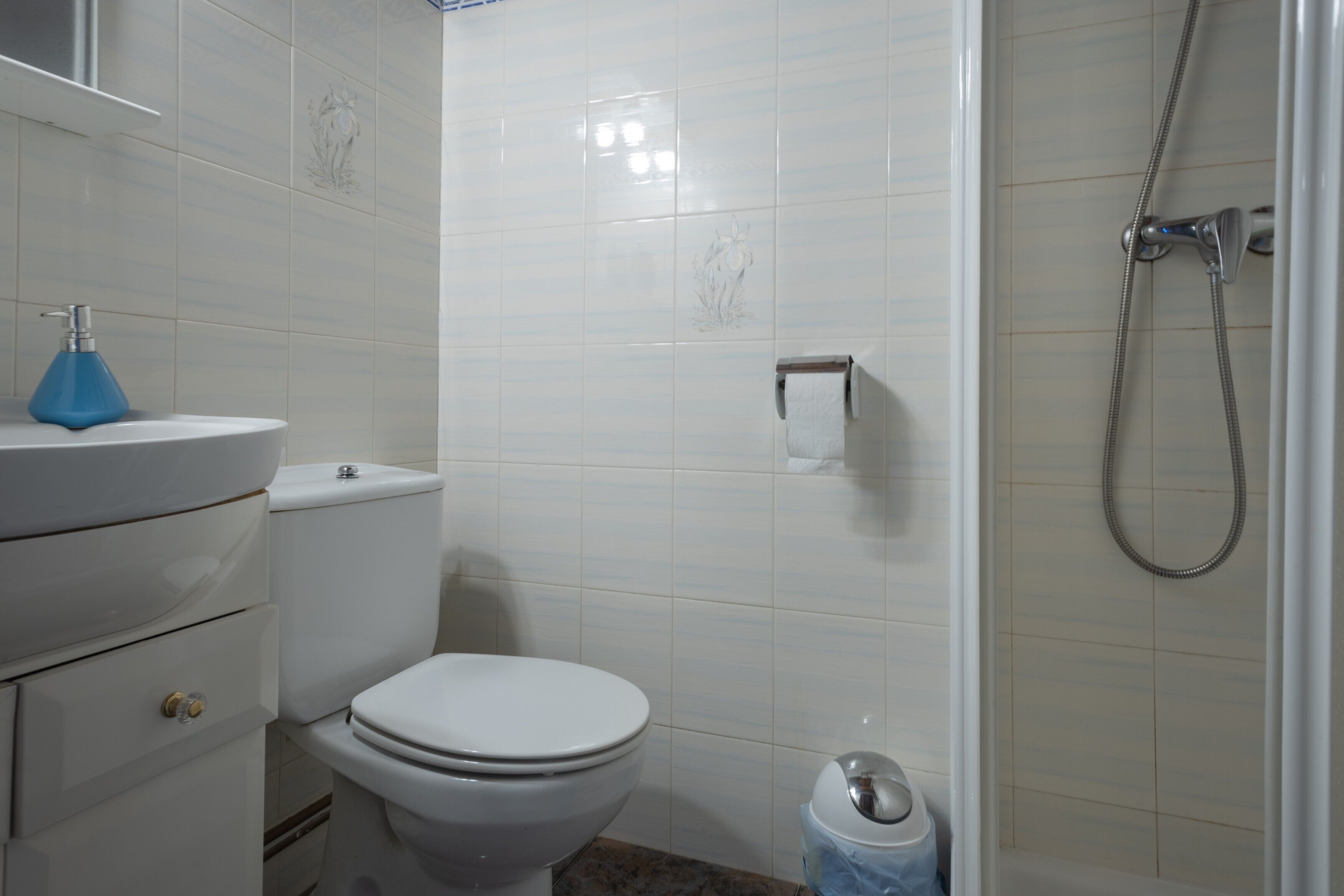 A bathroom with a white toilet, a sink with a blue soap dispenser, a paper towel dispenser, and a shower with a handheld showerhead.