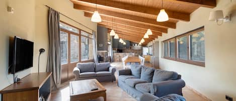 Televisión, chimenea, reproductor de DVD, mesa de ping pong