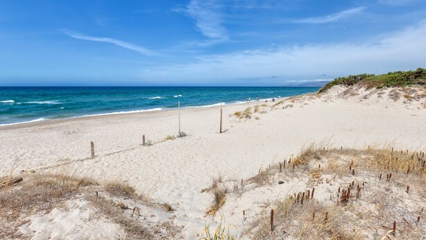 A sandy beach with ocean waves, a clear sky, and sparse vegetation. - Apartment 'Chef House Sorso' with Shared Terrace and Private Garden (Sorso)