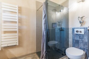 Shower, hair dryer, towels