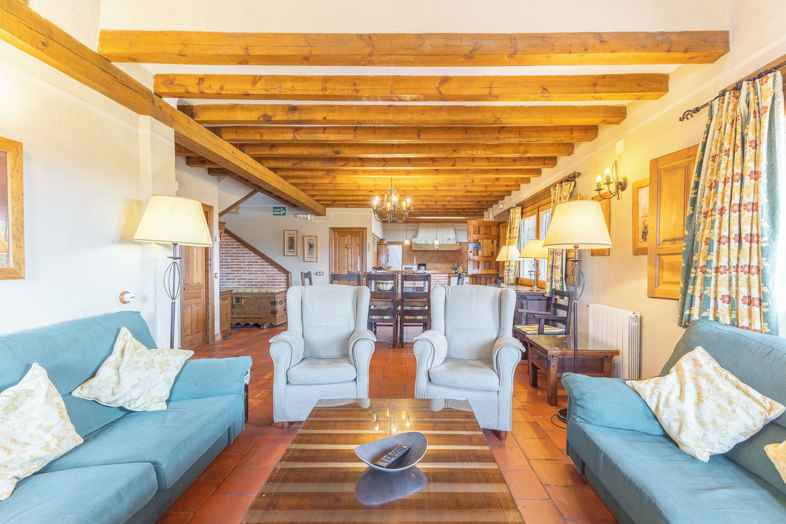 Televisión, chimenea, reproductor de DVD y estéreo 