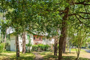 Une maison dotée d’un toit végétalisé, entourée d’arbres et bordée d’une pelouse.