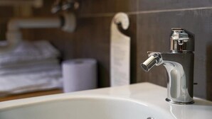 Ein Waschbecken mit Chromarmatur, einem Toilettenpapierhalter und einem Handtuchhalter.