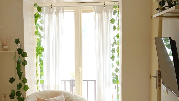 Un salon avec un canapé, une petite table, un téléviseur et un balcon agrémenté de plantes.