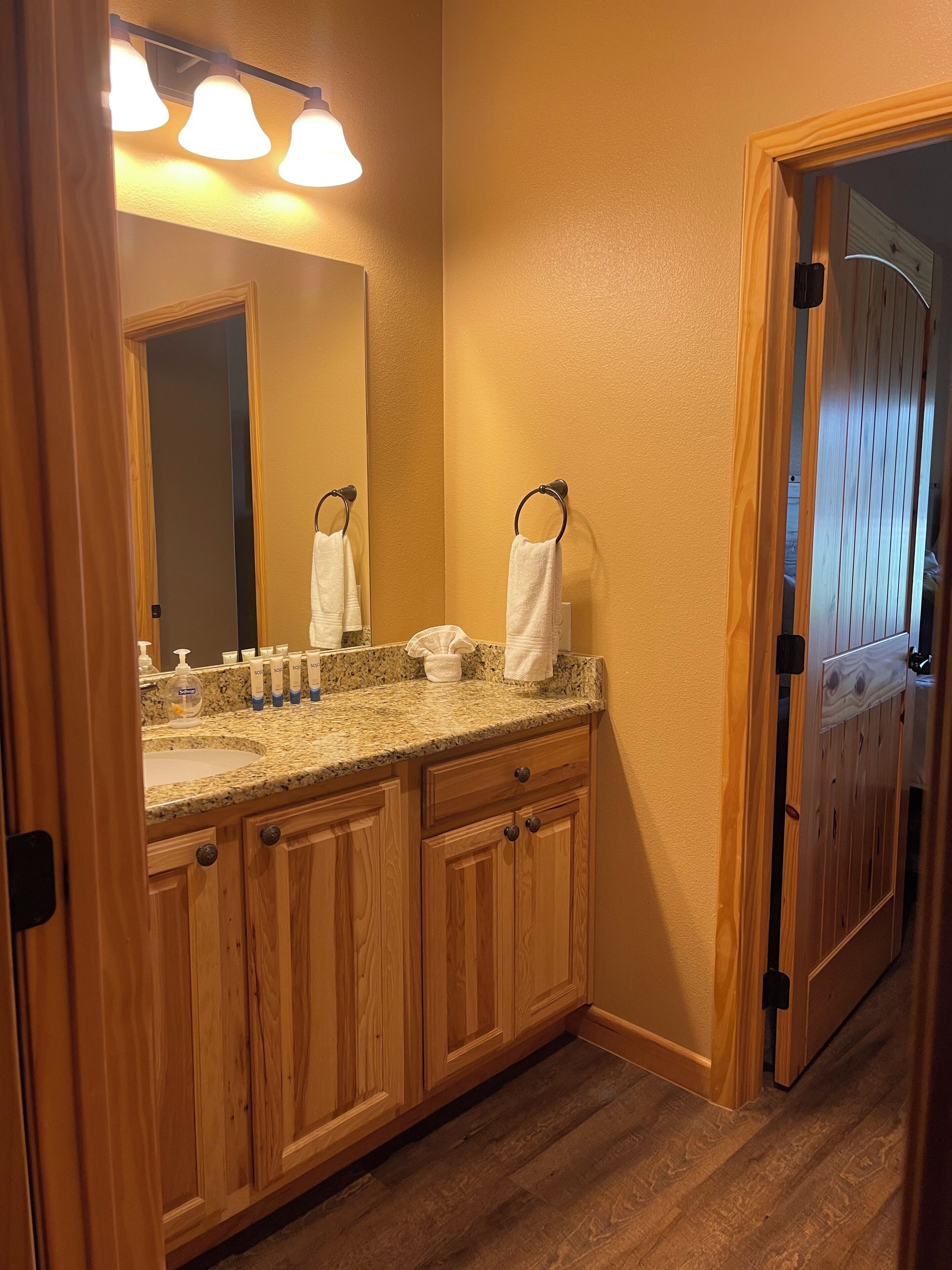 Hair dryer, towels, soap, shampoo