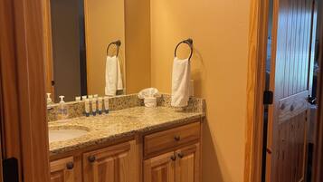 Hair dryer, towels, soap, shampoo