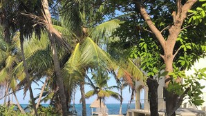 Una playa con palmeras, una cabaña de techo de paja y un vehículo azul.