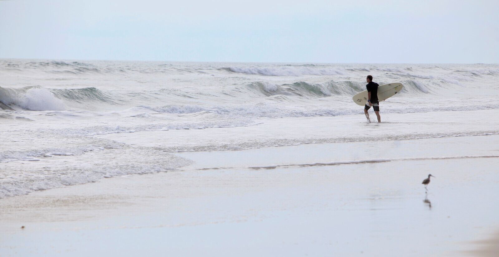 Escena de playa con olas y una persona cargando una tabla de surf.