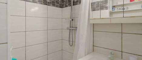 A modern bathroom with a shower, a sink, and a mirror.