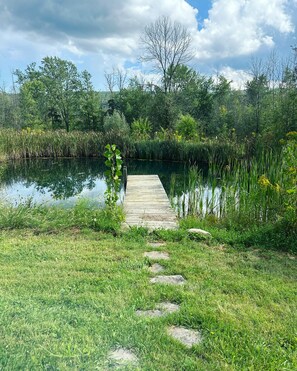 A wooden dock leading into a calm lake surrounded by lush greenery and trees. - Mountain View Cabin (Middlesex)