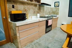 Fridge, microwave, oven, electric kettle