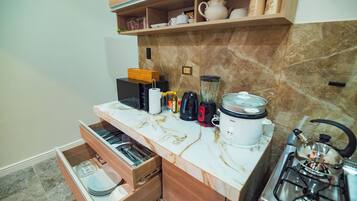 Fridge, microwave, oven, electric kettle