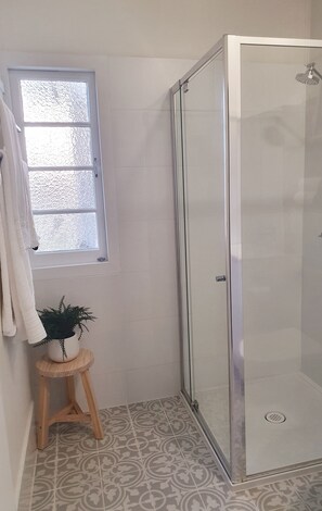 Regadera, secadora de cabello, toallas, jabón 