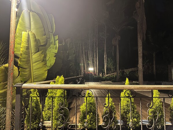 Vista notturna di un giardino con una grande struttura a foglia, un pontile in legno e ringhiere metalliche.