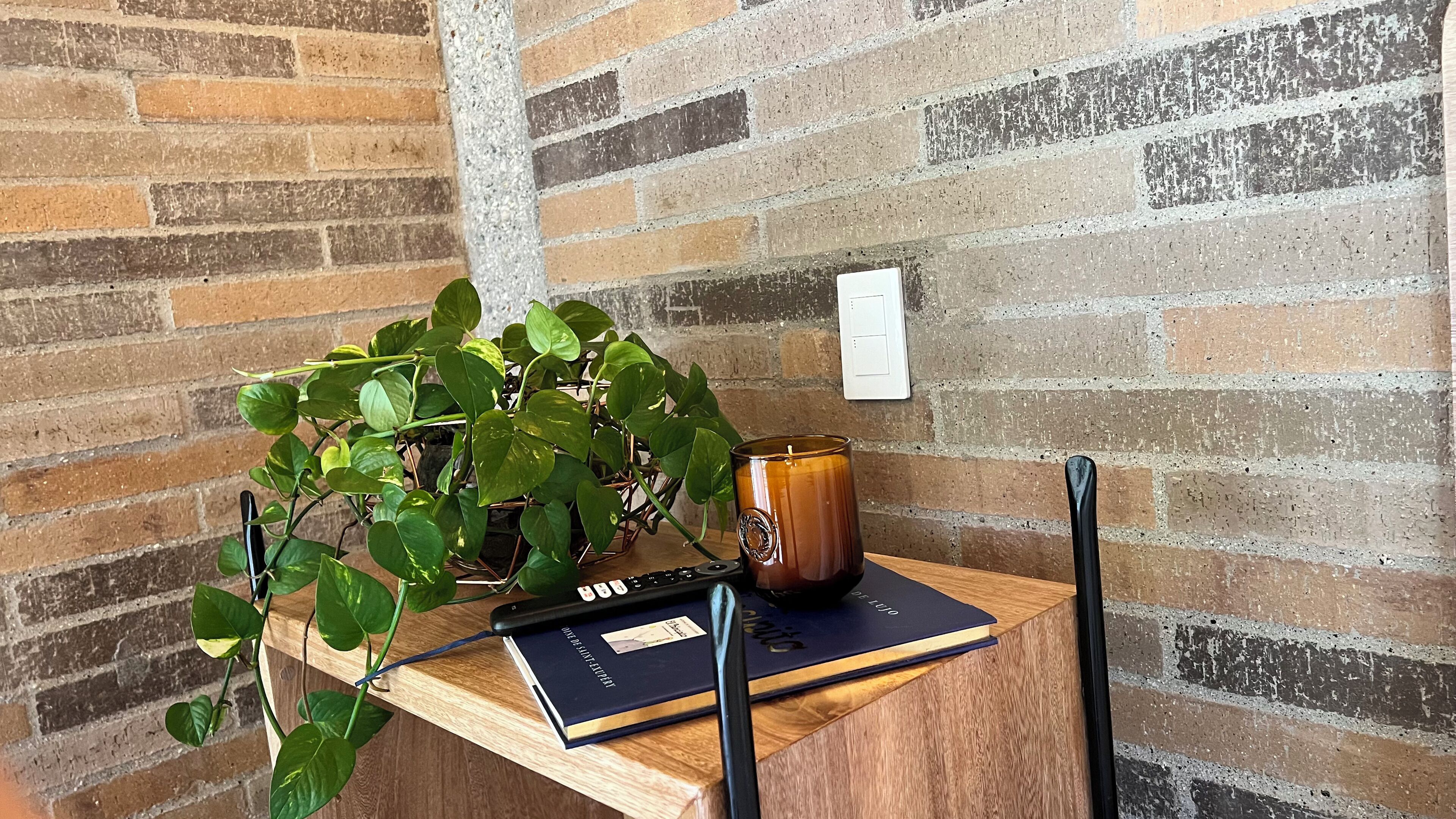 A wooden table with a potted plant, a candle, and a notebook.