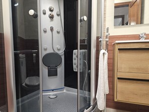 Shower, hair dryer, towels