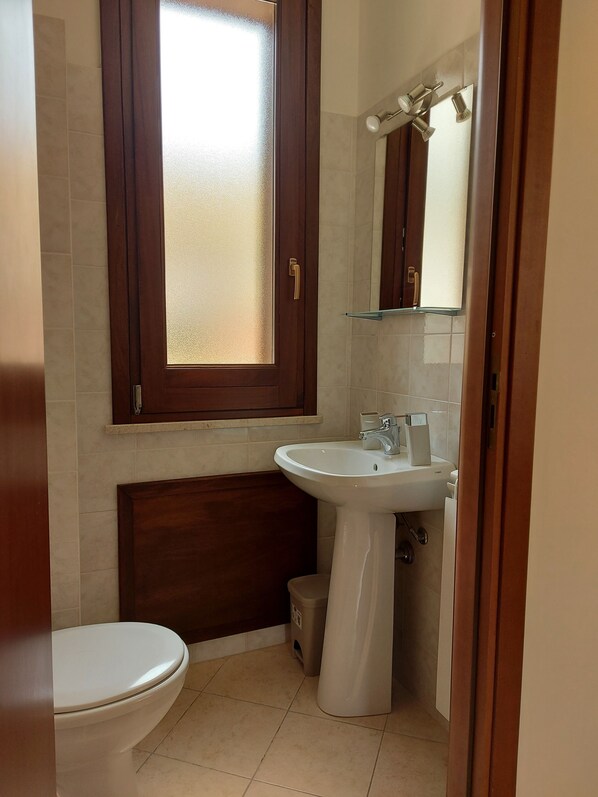 Un baño con inodoro, lavabo y espejo.