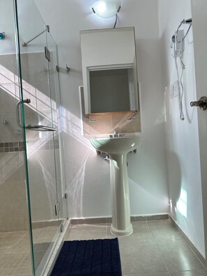 Shower, hair dryer, bidet, towels