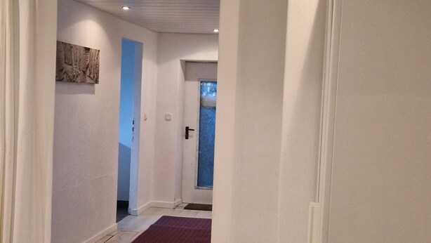 Un pasillo con piso de madera, alfombra roja y una puerta blanca a la derecha.