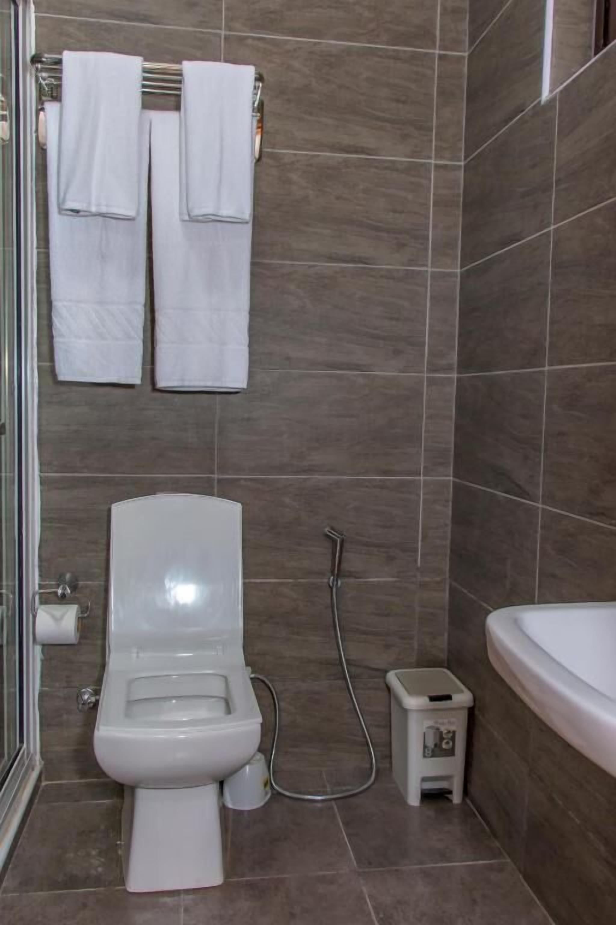 A bathroom with a toilet, a shower, and a bathtub. There are two towels hanging on a rack.
