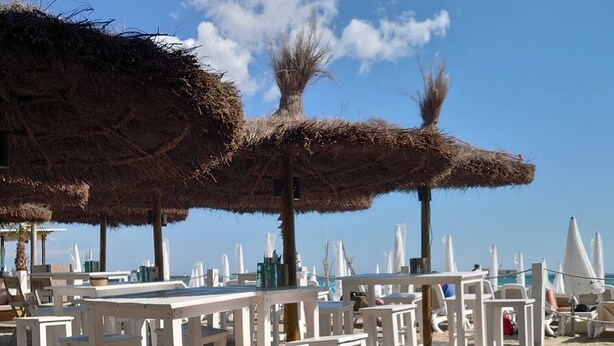 Un espace aménagé au bord de la plage, avec des parasols en chaume, des chaises longues blanches et des tables, évoquant l’atmosphère d’un complexe hôtelier.