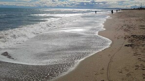 Une plage dotée d’un large rivage sablonneux, de vagues douces et d’un ciel dégagé parsemé de quelques nuages.
