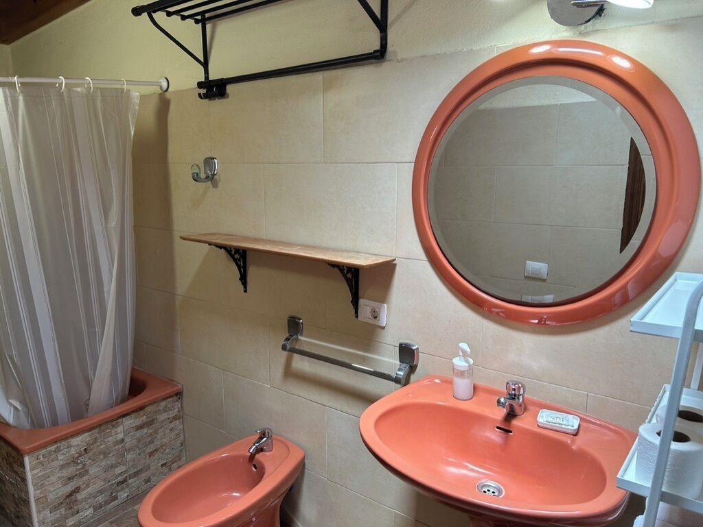 Une salle de bain avec une douche, deux lavabos, un miroir et un porte-serviettes.