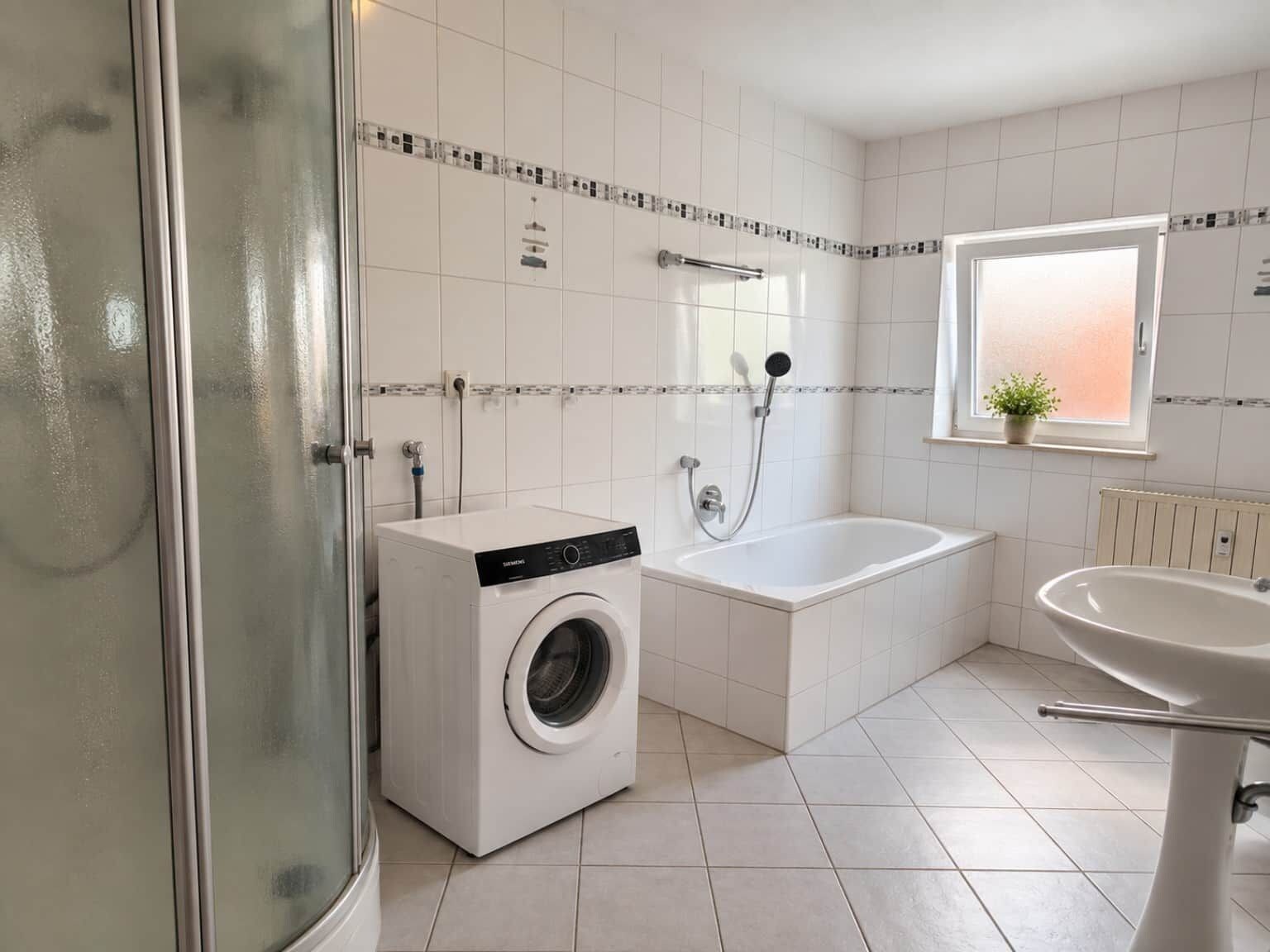 A modern bathroom with a washing machine, a bathtub, and a sink.