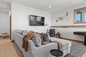 Smart TV, chimenea, libros