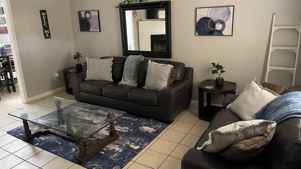 Un salon avec un canapé en cuir marron foncé, une table basse en verre et un tapis bleu. On y trouve deux petites tables d’appoint avec des plantes, un grand miroir et deux tableaux abstraits accrochés au mur.