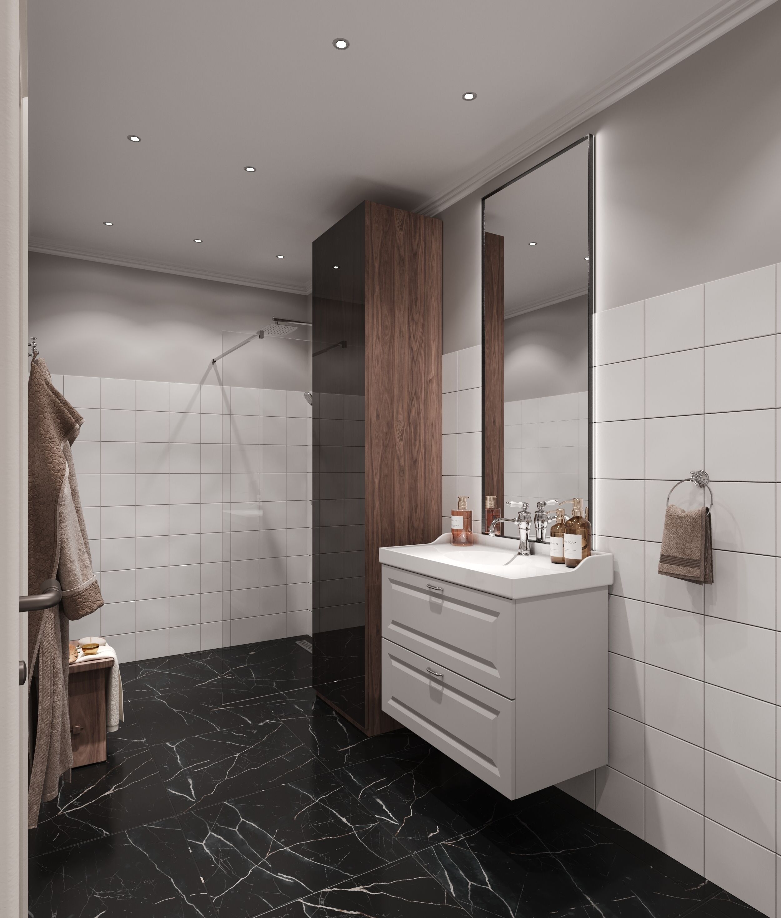 A modern bathroom with a black marble floor, a wooden vanity, a large mirror, and a shower area.